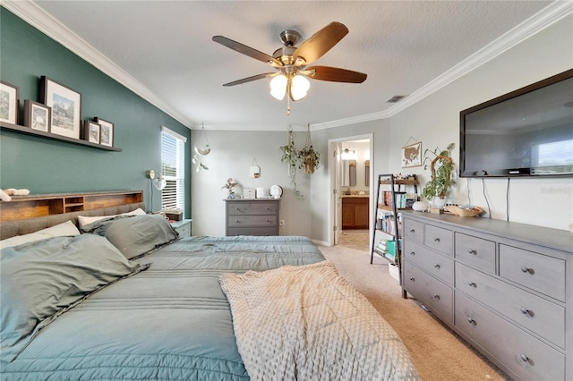 12316 Streambed Dr, Riverview, FL 33579 - bedroom featuring ornamental molding, light colored carpet, a ceiling fan, ensuite bath, and baseboards