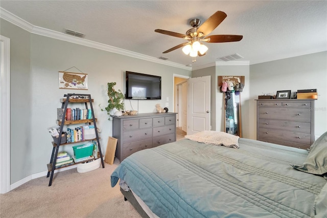 12316 Streambed Dr, Riverview, FL 33579 - carpeted bedroom featuring ornamental molding, ceiling fan, a textured ceiling, and baseboards