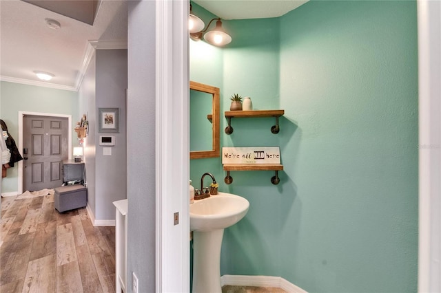 12316 Streambed Dr, Riverview, FL 33579 - bathroom featuring crown molding, wood finished floors, and baseboards