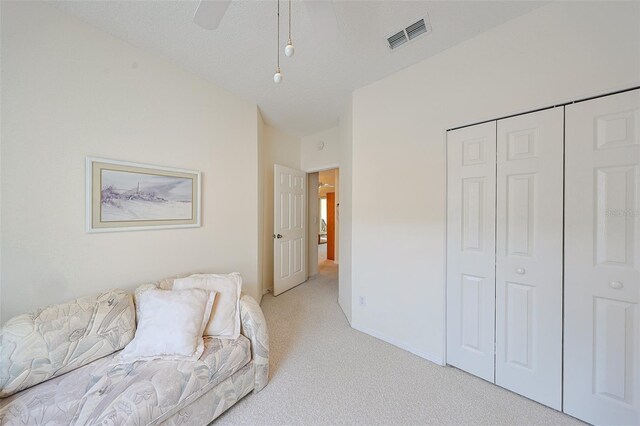 1012 Radison Lake Ct Unit 59, Sun City Center, FL 33573 - bedroom with light carpet, a closet, ceiling fan, and baseboards