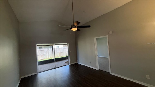 12804 Millridge Forest St, Tampa, FL 33624 - unfurnished room featuring dark wood-type flooring, high vaulted ceiling, baseboards, and ceiling fan