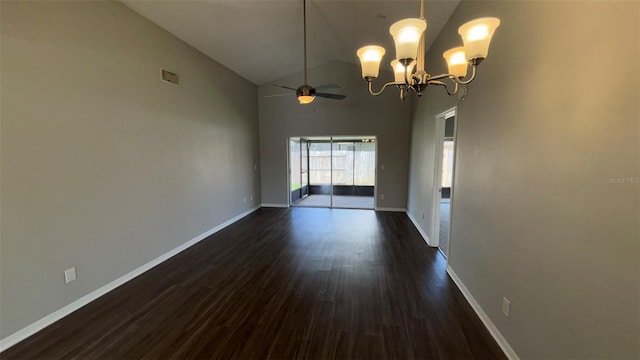 12804 Millridge Forest St, Tampa, FL 33624 - unfurnished dining area featuring high vaulted ceiling, dark wood-style floors, baseboards, a chandelier, and a ceiling fan
