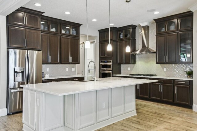9080 Morgana Ct, Winter Garden, FL 34787 - kitchen featuring appliances with stainless steel finishes, wall chimney range hood, light wood-style flooring, a sink, and decorative backsplash
