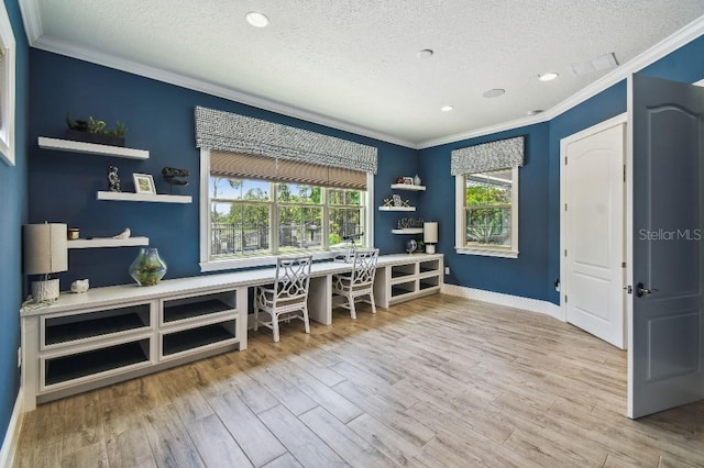 9080 Morgana Ct, Winter Garden, FL 34787 - home office featuring crown molding, a textured ceiling, wood finished floors, baseboards, and recessed lighting