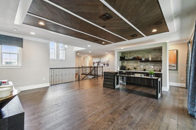 9080 Morgana Ct, Winter Garden, FL 34787 - bar area with a raised ceiling, baseboards, dark wood finished floors, recessed lighting, and crown molding