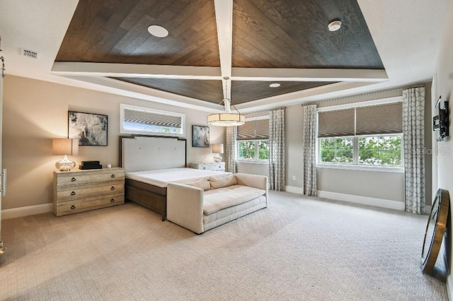 9080 Morgana Ct, Winter Garden, FL 34787 - bedroom featuring baseboards, a tray ceiling, light colored carpet, and wooden ceiling