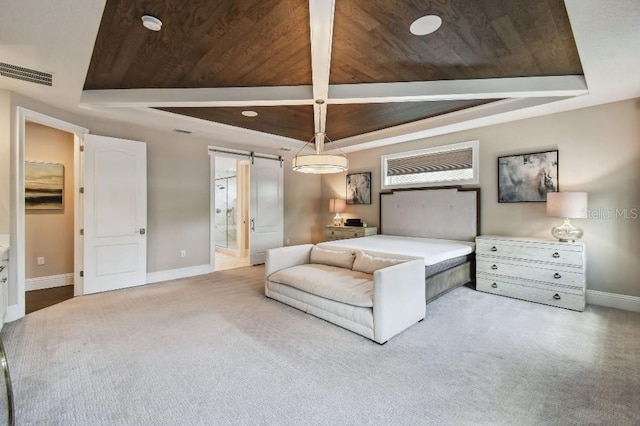 9080 Morgana Ct, Winter Garden, FL 34787 - bedroom with wood ceiling with exposed beams, a barn door, baseboards, carpet, and a raised ceiling