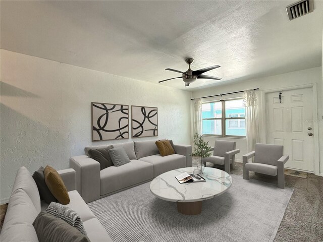 412 73rd Ave, St Pete Beach, FL 33706 - living area with a textured wall, ceiling fan, carpet, and a textured ceiling
