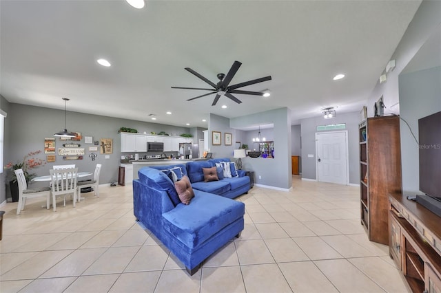 11806 Holly Crest Ln, Riverview, FL 33569 - living area with light tile patterned floors, a ceiling fan, recessed lighting, and baseboards