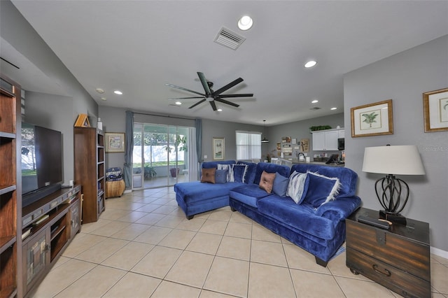 11806 Holly Crest Ln, Riverview, FL 33569 - living room featuring recessed lighting, a ceiling fan, and light tile patterned flooring