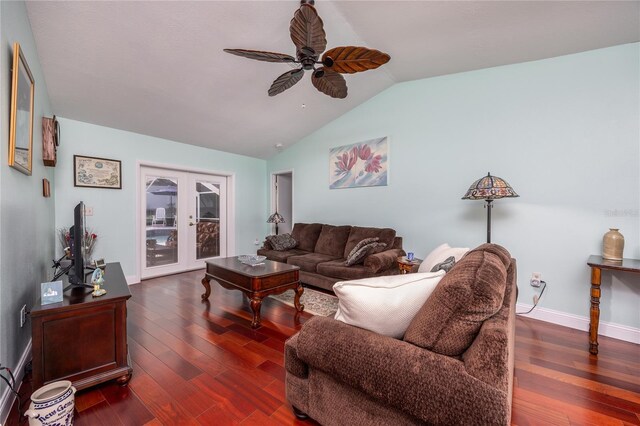 460 Meravan Dr, Palm Harbor, FL 34683 - living area featuring ceiling fan, lofted ceiling, french doors, wood finished floors, and baseboards