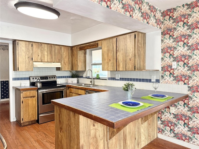 2523 Krueger Ln, Tampa, FL 33618 - kitchen featuring stainless steel range with electric stovetop, wallpapered walls, under cabinet range hood, a sink, and light wood-style flooring