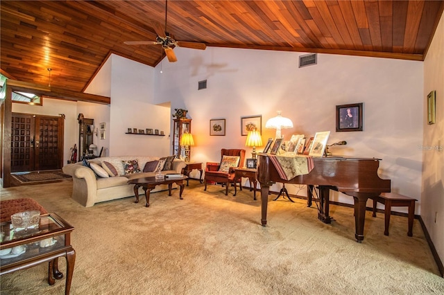 309 Hidden Lake Dr, Brandon, FL 33511 - living area featuring wooden ceiling, carpet floors, vaulted ceiling, and a ceiling fan