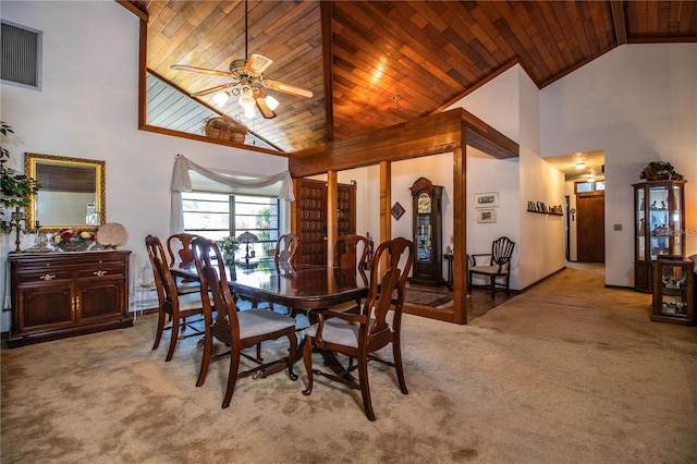 309 Hidden Lake Dr, Brandon, FL 33511 - dining space featuring light carpet, wood ceiling, high vaulted ceiling, and a ceiling fan