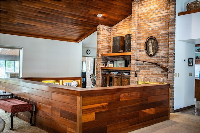 309 Hidden Lake Dr, Brandon, FL 33511 - bar area featuring wood ceiling, vaulted ceiling, and carpet flooring
