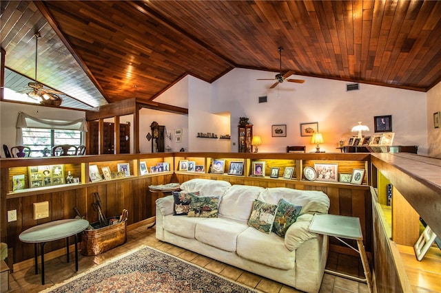 309 Hidden Lake Dr, Brandon, FL 33511 - living area featuring ceiling fan, vaulted ceiling, and wood ceiling