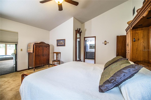 309 Hidden Lake Dr, Brandon, FL 33511 - bedroom with vaulted ceiling, light carpet, ceiling fan, access to exterior, and connected bathroom