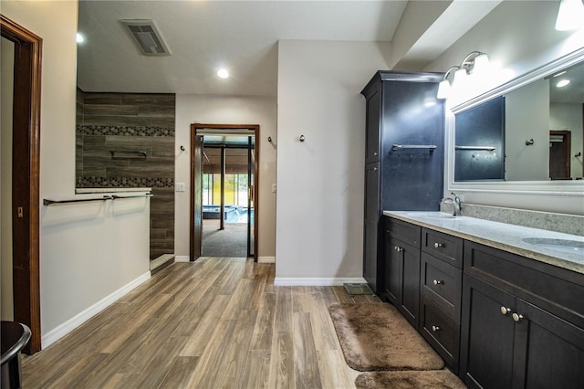 309 Hidden Lake Dr, Brandon, FL 33511 - bathroom with double vanity, wood finished floors, recessed lighting, and walk in shower