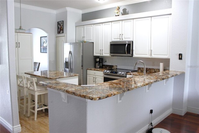 1842 Ridgelake Ct, Wesley Chapel, FL 33543 - kitchen featuring stainless steel appliances, light wood finished floors, backsplash, ornamental molding, and stone counters