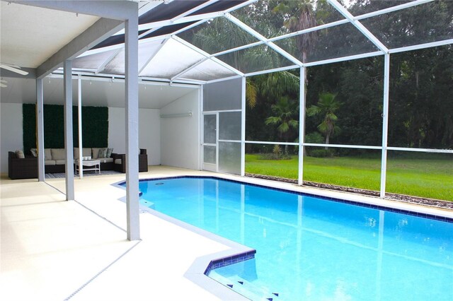 1842 Ridgelake Ct, Wesley Chapel, FL 33543 - swimming pool featuring an outdoor living space, a patio, and glass enclosure