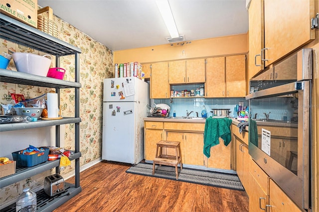 3201 E Mcberry St, Tampa, FL 33610 - kitchen featuring freestanding refrigerator, wallpapered walls, open shelves, dark wood-type flooring, and oven