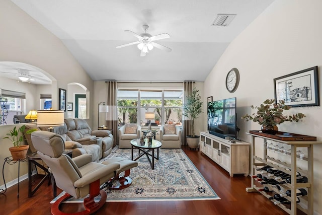 810 Erik Lake Rd, Brandon, FL 33510 - living room with a ceiling fan, arched walkways, healthy amount of natural light, and high vaulted ceiling