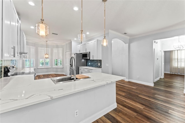 137 Silver Falls Dr, Apollo Beach, FL 33572 - kitchen featuring appliances with stainless steel finishes, baseboards, backsplash, recessed lighting, and dark wood-style flooring