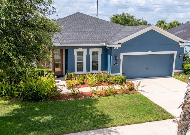 11038 Spring Point Cir, Riverview, FL 33579 - ranch-style home with a shingled roof, an attached garage, a front lawn, driveway, and stucco siding