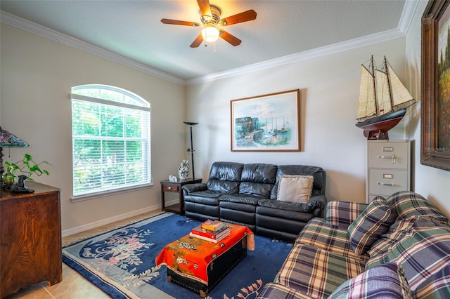 11038 Spring Point Cir, Riverview, FL 33579 - living area with ornamental molding and a ceiling fan