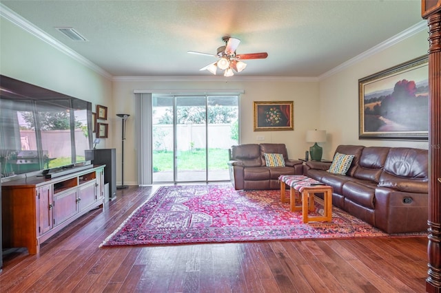 11038 Spring Point Cir, Riverview, FL 33579 - living room featuring a ceiling fan, dark wood-type flooring, and ornamental molding