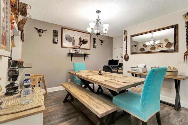213 Draw Bridge Ln, Valrico, FL 33594 - dining area with a chandelier, a textured ceiling, dark wood-style floors, baseboards, and a desk