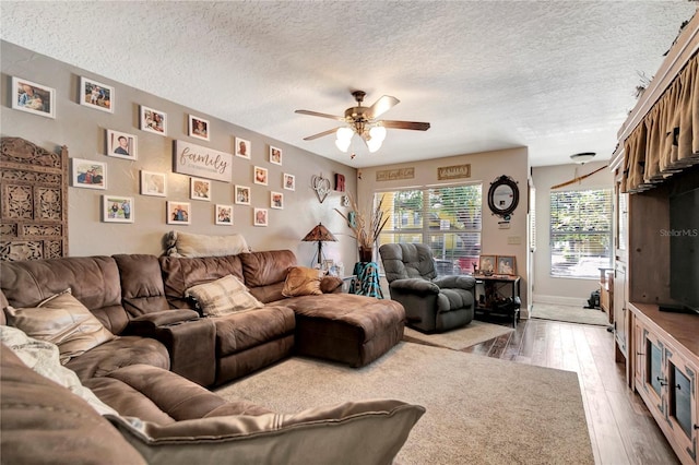 213 Draw Bridge Ln, Valrico, FL 33594 - living area with a ceiling fan, hardwood / wood-style floors, and a textured ceiling