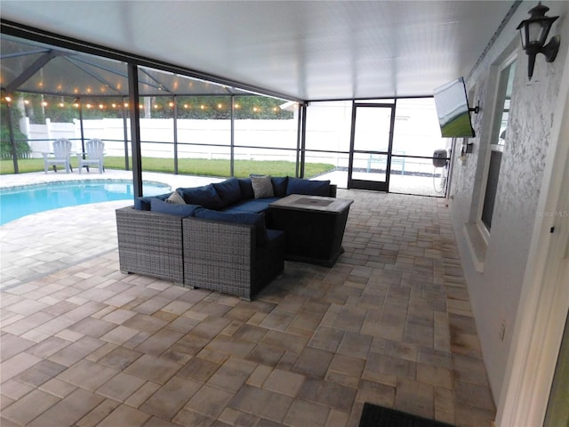 15916 Marshfield Dr, Tampa, FL 33624 - view of pool featuring glass enclosure, a patio, and an outdoor hangout area