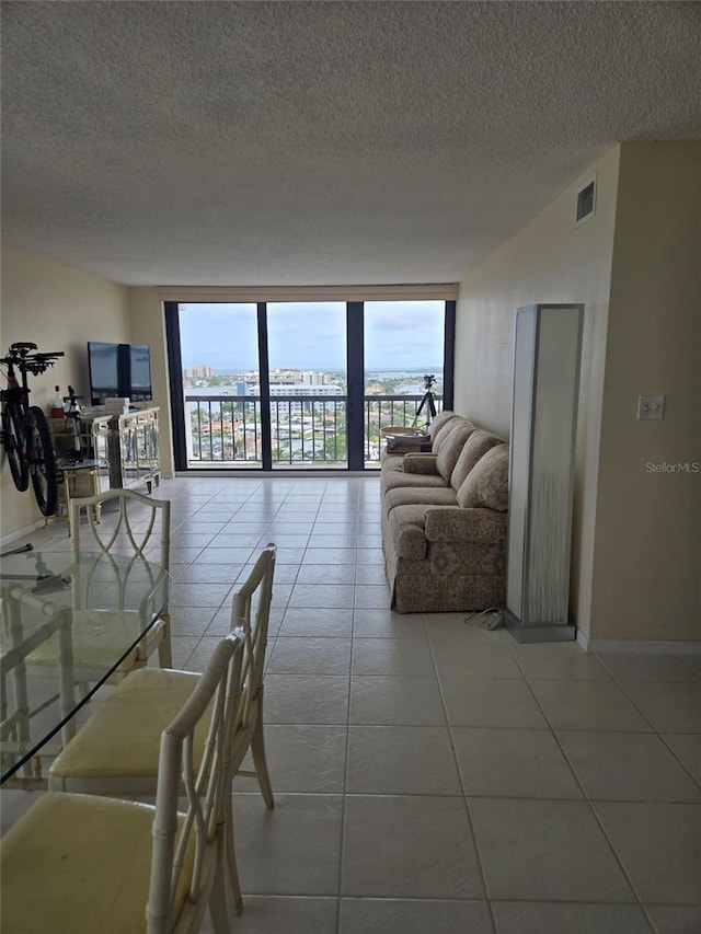 400 Island Way Unit 1606, Clearwater Beach, FL 33767 - living room with a textured ceiling, tile patterned flooring, expansive windows, and baseboards