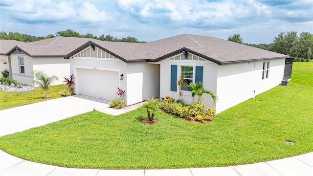 3082 Forrest Plum Ct, Zephyrhills, FL 33540 - ranch-style house featuring a garage, concrete driveway, a front yard, stucco siding, and a shingled roof