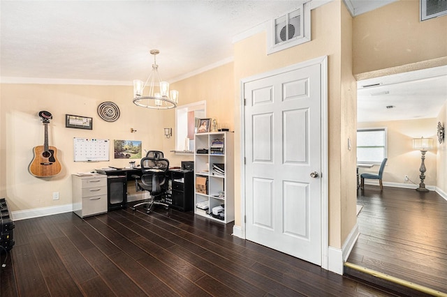 9220 Mcintosh Rd, Dover, FL 33527 - office area with a chandelier, dark wood-type flooring, and ornamental molding