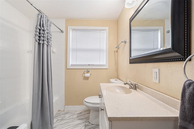 9220 Mcintosh Rd, Dover, FL 33527 - full bathroom with marble look tile flooring, vanity, and shower / bathtub combination with curtain