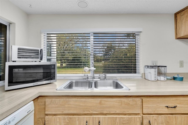 7708 Fairlawn Dr, Hudson, FL 34667 - kitchen with stainless steel microwave, light countertops, white dishwasher, and a sink