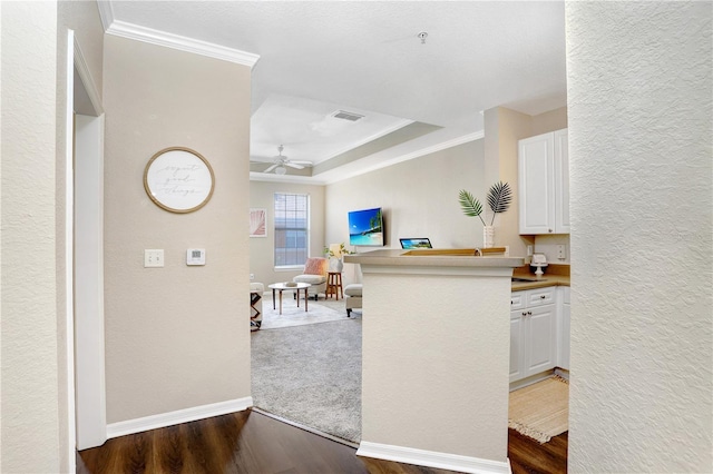 4221 W Spruce St Unit 1429, Tampa, FL 33607 - kitchen with a ceiling fan, ornamental molding, white cabinetry, dark wood finished floors, and a textured wall