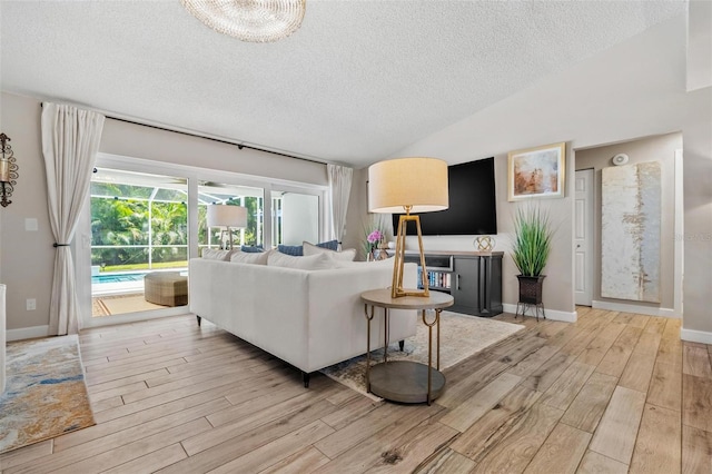 2824 Paddock Dr, Palm Harbor, FL 34684 - living area featuring a textured ceiling, light wood finished floors, lofted ceiling, and baseboards