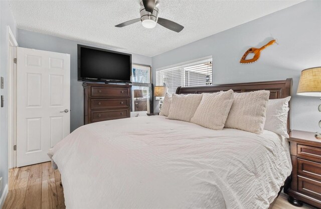2824 Paddock Dr, Palm Harbor, FL 34684 - bedroom with a textured ceiling, light wood-style flooring, and a ceiling fan