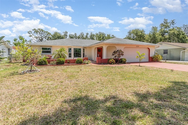1839 Neptune Dr, Englewood, FL 34223 - ranch-style house with driveway, a garage, stucco siding, and a front lawn