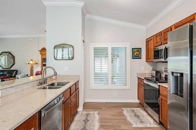 10232 Buncombe Way, San Antonio, FL 33576 - kitchen with stainless steel appliances, a sink, brown cabinets, light wood finished floors, and crown molding