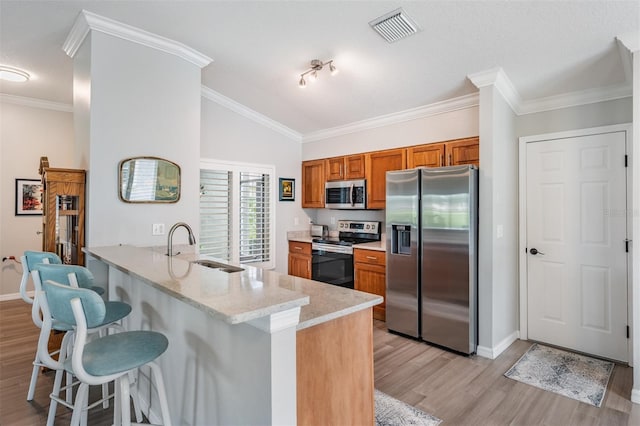 10232 Buncombe Way, San Antonio, FL 33576 - kitchen featuring appliances with stainless steel finishes, brown cabinetry, a peninsula, a kitchen bar, and a sink