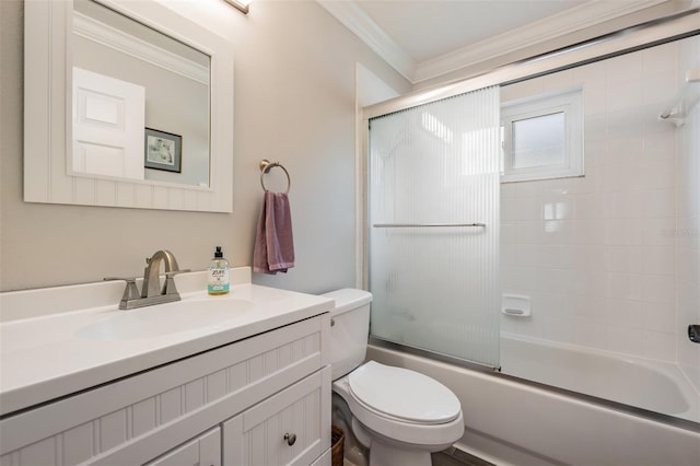 10232 Buncombe Way, San Antonio, FL 33576 - full bath featuring crown molding, toilet, vanity, and combined bath / shower with glass door