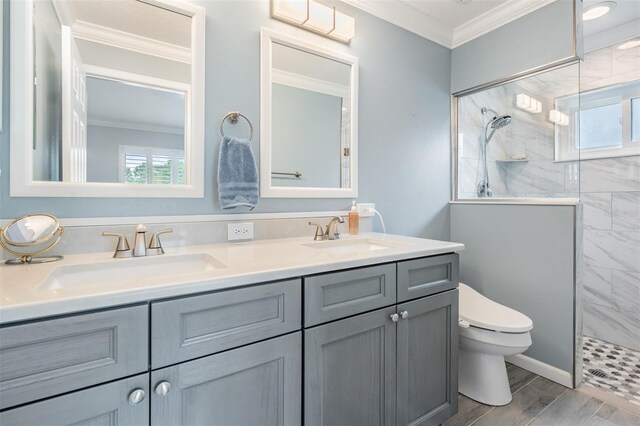 10232 Buncombe Way, San Antonio, FL 33576 - full bathroom featuring double vanity, walk in shower, toilet, healthy amount of natural light, and ornamental molding