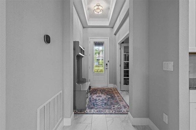 5742 Stockport St, Riverview, FL 33578 - doorway to outside featuring marble finish flooring and crown molding