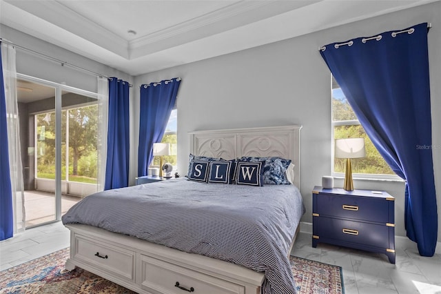 5742 Stockport St, Riverview, FL 33578 - bedroom featuring ornamental molding, access to exterior, and light marble finish floors
