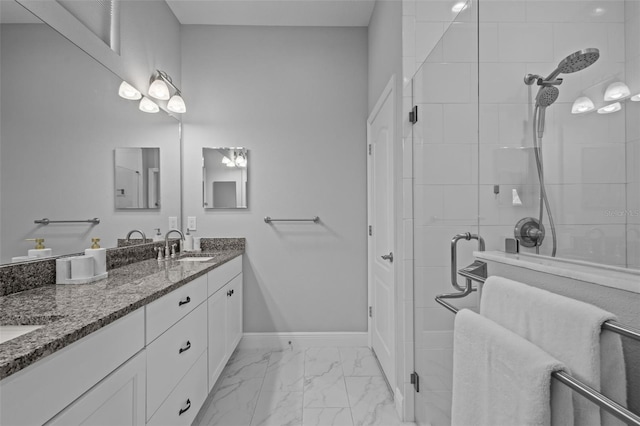 5742 Stockport St, Riverview, FL 33578 - full bath featuring double vanity, a stall shower, and marble look tile flooring