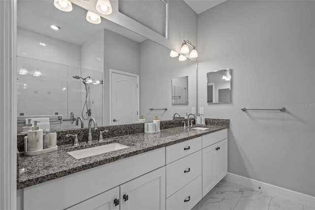 5742 Stockport St, Riverview, FL 33578 - bathroom with double vanity, a tile shower, and marble look tile flooring